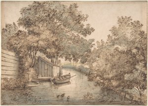 Kanaal met een boot en eenden door Anthonie van Borssom