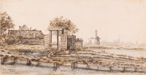 Een boerderij aan een water bij een dorp door Anthonie van Borssom