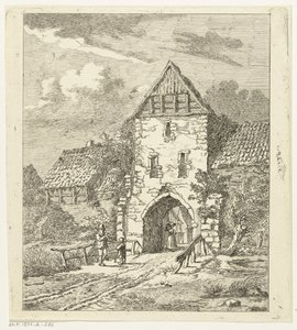 Enkele figuren bij een oude stadspoort door Anthonie van den Bos