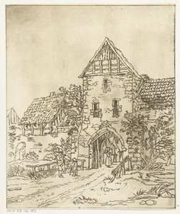 Enkele figuren bij een oude stadspoort