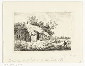 Hooimakende boer voor een boerderij bij Ubbergen door Anthonie van den Bos