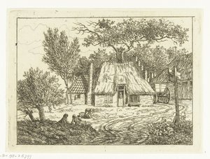 Kar naast boerderij met trapgevel