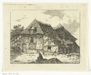 Man zittend op een heuveltje voor een huis te Staphorst door Anthonie van den Bos