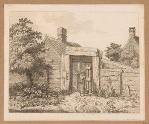 Melkmeisje bij de poort van een boerderij door Anthonie van den Bos