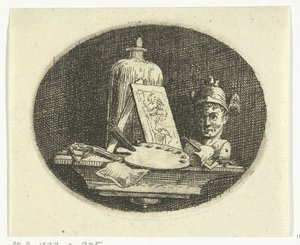 Stilleven met palet, schilderij en buste van Mercurius door Anthonie van den Bos