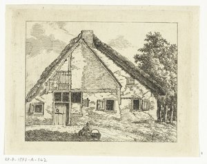 Vrouw met mand zittend voor een huis