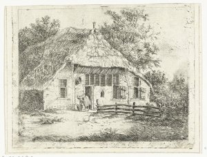 Vrouw voorover gebogen bij een mand voor een huis te Staphorst door Anthonie van den Bos