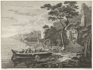 Figuren bij een schuit in een berglandschap