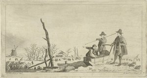 Figuren bij een slee in een winterlandschap