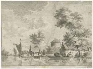 Rivierlandschap met een hooiberg