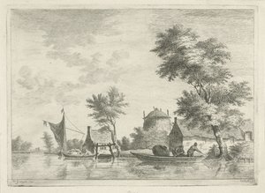 Rivierlandschap met een hooiberg