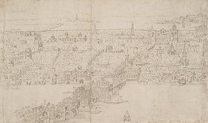 Panorama van Londen gezien vanaf Southwark: London Bridge door Anthonis van den Wyngaerde
