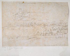 Blad met studies van de paleizen van Hampton Court en Richmond en omliggende platteland door Anthonis van den Wyngaerde