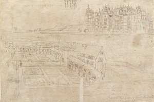 De rivierkant van Richmond Palace en Privy Gardens door Anthonis van den Wyngaerde