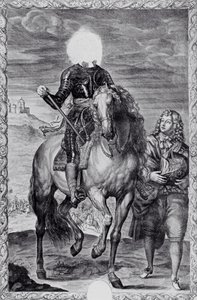 Beschadigd ruiterportret van Charles I, gegraveerd door Pierre Lombart (gravure) (z/w foto)