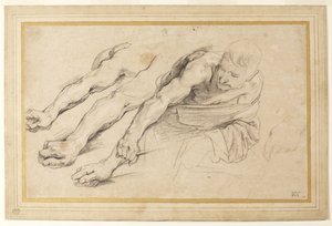 Figuur van een man die voorover buigt met de rechterarm uitgestrekt; drie studies van de rechterarm, en een van de linkerhand voor dezelfde figuur door Anthony van Dyck