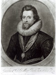 Portret van James I (1566-1625) naar een miniatuur van Nicholas Hilliard (1547-1619) uit 1617, gegraveerd door George Vertue (1684-1756)