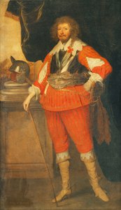 Portret van een Edelman, Verondersteld Henry Rich, 1e Graaf van Holland, Volledig, Dragend een Borstplaat, Sjerp en Zwaard, Zijn Hand Rustend op een Stok, een Helm op een Plint, Staand voor een Gedrapeerde Colonnade