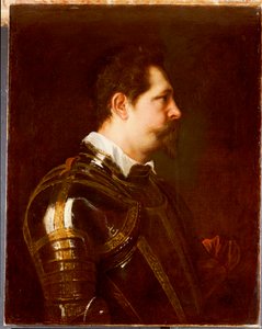 Portret van een generaal, buste lengte, in damasceense wapenrusting met witte kraag en rode sjerp door Anthony van Dyck