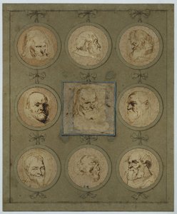 Verzamelblad met negen studiekoppen in medaillons door Anthony van Dyck