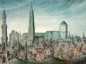 Detail van Portret van Juan Pardo II en zijn vrouwen Anna Ingenieulandt en Maria Anchemant door Anthuenis (1536 1613) Claeissins or Claeissens