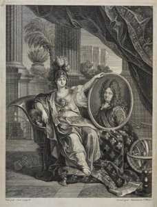 Lodewijk XIV, koning van Frankrijk, beschermer van de wetenschappen - gravure door Antoine Coypel Geschiedenis van de Koninklijke Academie van Wetenschappen, jaar 1703