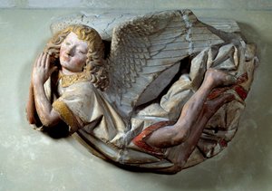 Vliegende engel. Reliëf in polychroom kalksteen toegeschreven aan Antoine le Moiturier (ca. 1490)