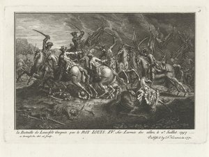 Uitzicht op de Slag bij Lauffeldt (Lafeld, nabij Maastricht) op 2 juli 1747 tijdens de Oostenrijkse Successieoorlog door Antoine Benoist