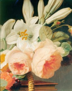 Boeket van Lelies en Rozen in een Mand op een Chiffonniere (Detail) door Antoine Berjon