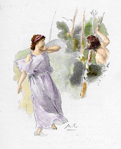 Odyssee van Homerus: Nausicaa, dochter van koning Alcinoos ziet Odysseus naakt en uitgehongerd om hulp vragen (illustratie)