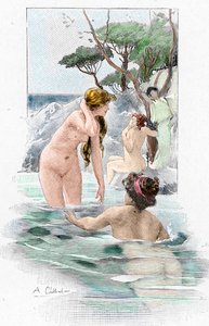 Odyssee van Homerus: Nausicaa, dochter van koning Alcinous, en haar dienstmaagden wassen hun kleren in de rivier. Illustratie door Antoine Calbet (1860-1944) voor de Odyssee van de Griekse dichter Homerus, 1897, privécollectie door Antoine Calbet