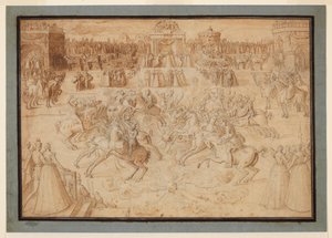 Een ruiterspel met ridders die tussen vuurwerk aan het steekspel zijn, 1575-ca. 1580