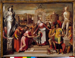 Geschiedenis van koningin Artemise I van Halicarnasse: De overhandiging van het boek en het zwaard door Antoine Caron