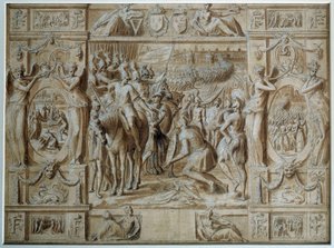 De Onderwerping van Milaan De troepen van Francois I namen de stad Milaan in na de overwinning in de Slag bij Marignan in 1515. Tekening in pen en wassing door Antoine Caron (1521-1599) 16e eeuw Parijs, Louvre Museum door Antoine Caron