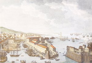 Intocht van de Fransen in Livorno, juni 1796, gravure door Jean Duplessis-Bertaux, tekening door Carle Vernet, Franse Revolutionaire Oorlogen, Italië