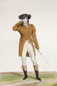 Een Dandy gekleed in een bootvormige hoed, een bruin jasje en buckskin broek, plaat 1 uit de 