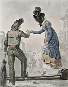 Een vrouw die een straatveger betaalt om een loopplank over een vuile straat over te steken door Antoine Charles Horace Vernet