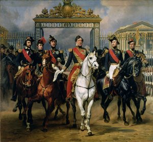 Koning Louis-Philippe (1773-1850) van Frankrijk en zijn zonen verlaten het kasteel van Versailles te paard, 1846