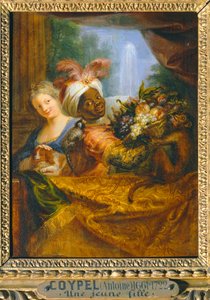 Jong zwart meisje houdt een fruitmand vast en jong meisje streelt een hond - Jeune noir tenant une corbeille de fruits et jeune fille caressant un chien ... door Antoine Coypel
