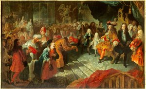 Koning Lodewijk XIV ontvangt de Buitengewone Ambassadeur van Perzië Mehemet Reza Bey in de spiegelgalerij in Versailles op 19/02/1715