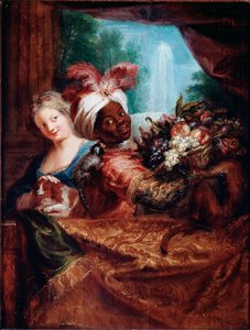 Jong meisje dat een hond aait en een zwarte bediende die een mand met fruit presenteert
