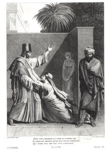 Esther smeekt Assuerus in de aanwezigheid van Aman, illustratie uit Esther door Jean Racine (1639-99) gegraveerd door J.J. Coiny (1761-1809) door Antoine Denis Chaudet