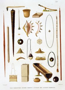 Huishoudelijke gebruiksvoorwerpen en wapens van de Mariannas Eilanden, uit Voyage autour du Monde (1817-20), door Louis Claude Desaulses de Freycinet (1779-1842) gegraveerd door Jean Louis Denis Coutant (1776-1831), p door Antoine Germain Bevalet