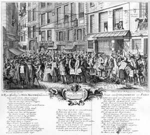 Investeerders voor het hoofdkantoor van de Banque Royale in de Rue Quincampoix, Parijs, 1720