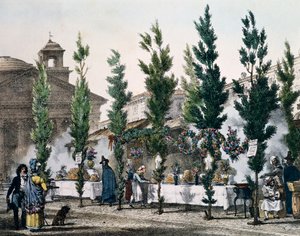 Voedselverkopers bij het Pantheon tijdens het feest van St. Joseph, gravure door Antoine Jean-Baptiste Thomas (1791-1834) uit Un an a Rome et dans ses environs, Frankrijk
