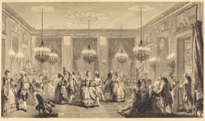 Het gemaskerde bal door Antoine Jean Duclos after Augustin de Saint Aubin