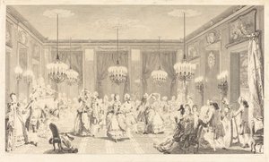Het gemaskerde bal door Antoine Jean Duclos after Augustin de Saint Aubin