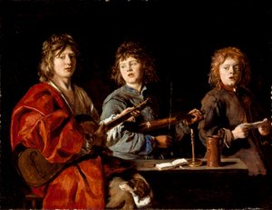 Frans:  Trois jeunes musiciens Drie jonge muzikanten door Antoine Le Nain