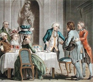 De graaf van Vaux (1705-88) biedt voedsel en drank aan een boer aan, gegraveerd door Jean Baptiste Morret (fl.1790-1820)