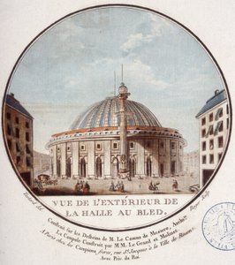 Zicht op de buitenkant van de graanmarkt, Parijs gebouwd door Le Camus de Mézières tussen 1763 en 1766, tegenwoordig de beurs in Parijs. In schilderachtige uitzichten van de belangrijkste gebouwen van Parijs door Sergeant door Antoine Louis Francois Sergent Marceau
